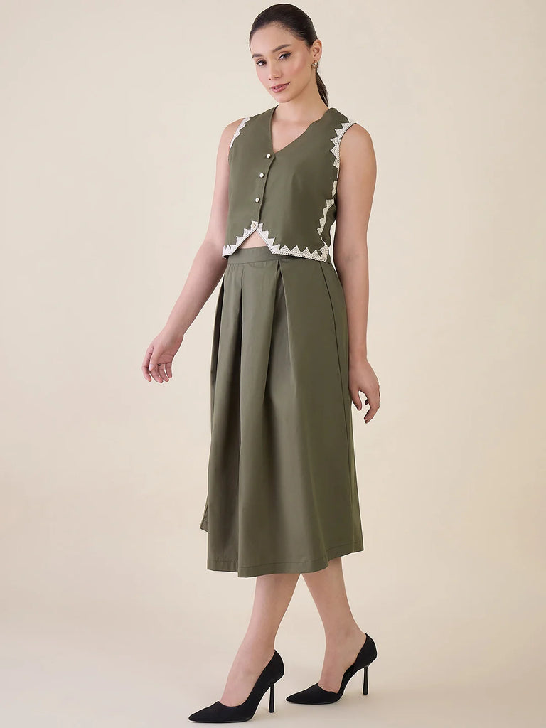 Women's Olive Green Vest & Skirt Co-ord Set