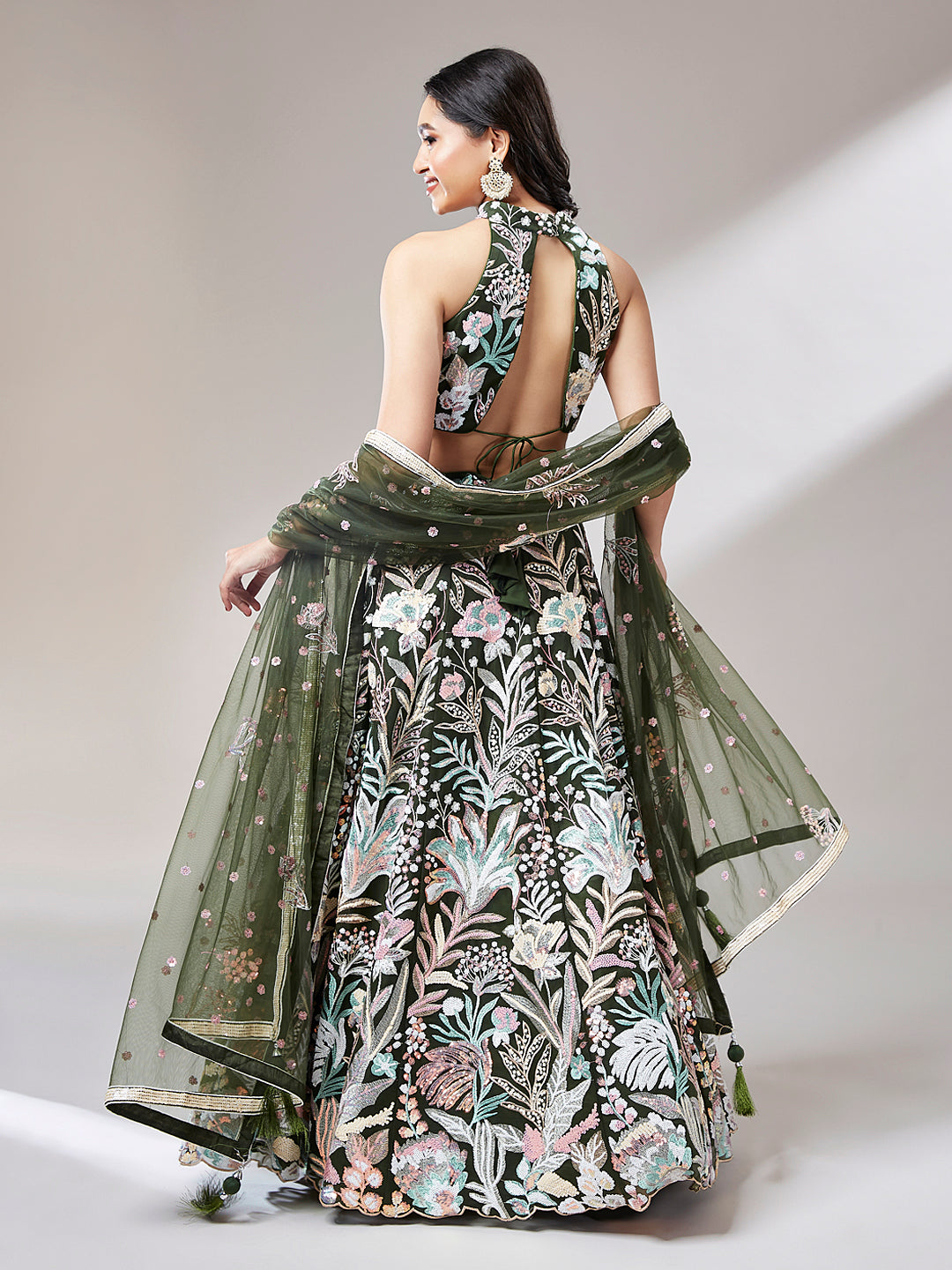 Women 's Olive Net Sequinse Work Ready to Wear Lehenga & stitched Blouse with Dupatta - Royal Dwells