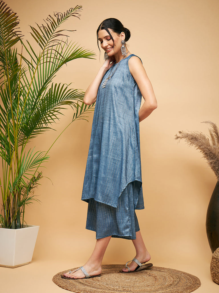 Women's Blue Lurex Short Pallazo Kurta Set