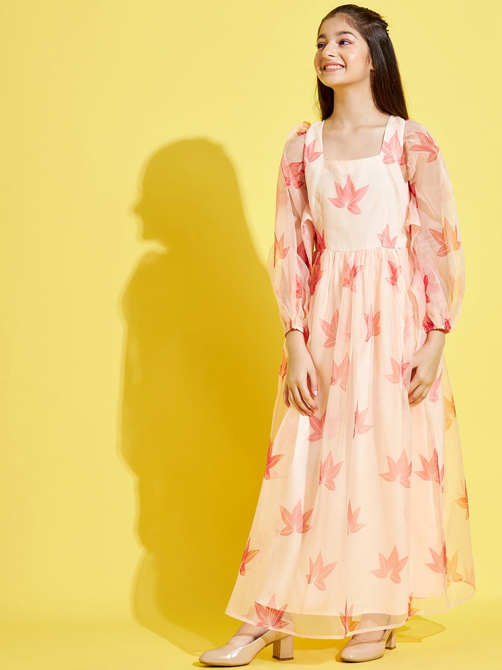 Girl's Cream Polyester Printed Dress