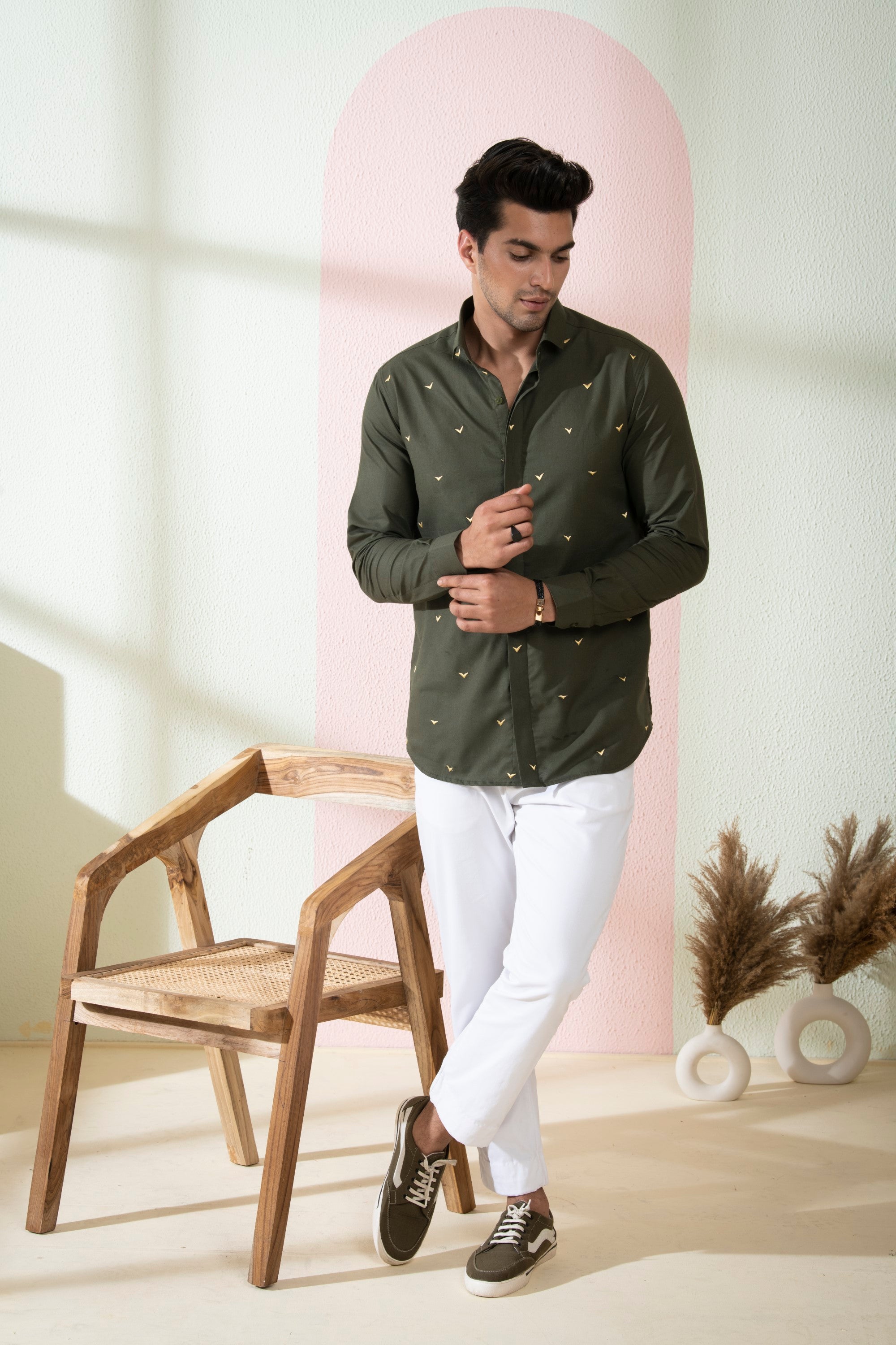 Men's Olive Green Color Avian Full Sleeves Shirt - Hilo Design