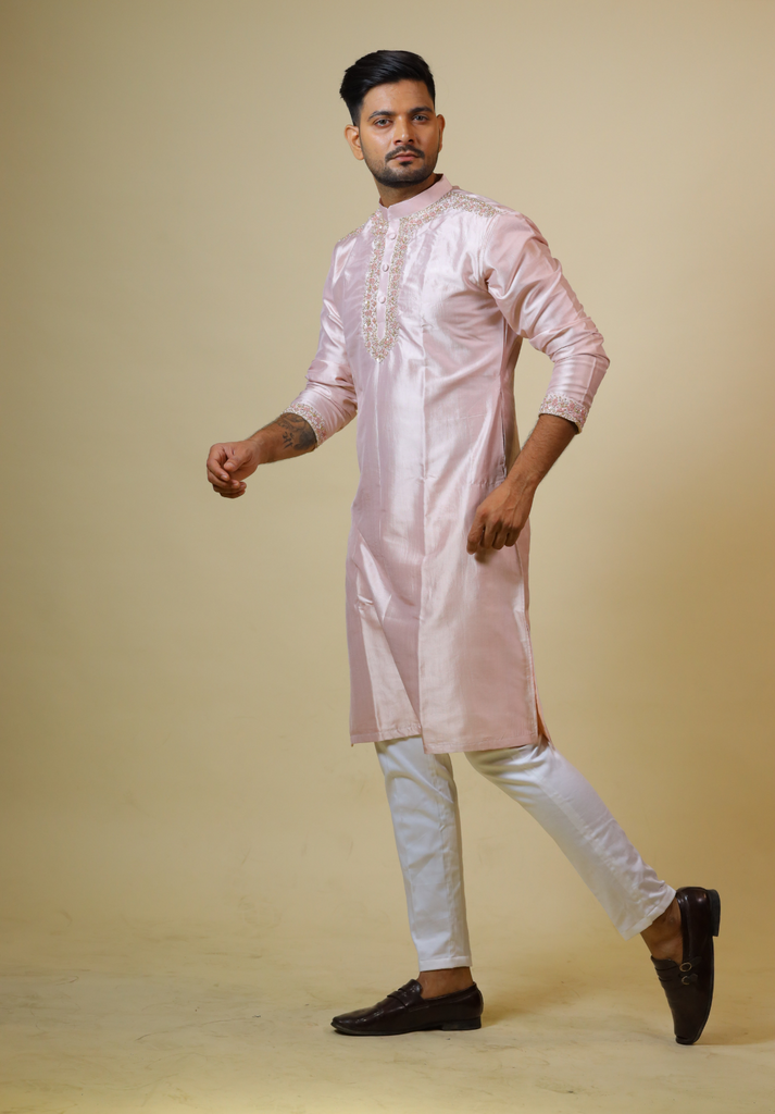 Men's Pink Color Light Coral Embroidered Collar Designer Kurta Dupion