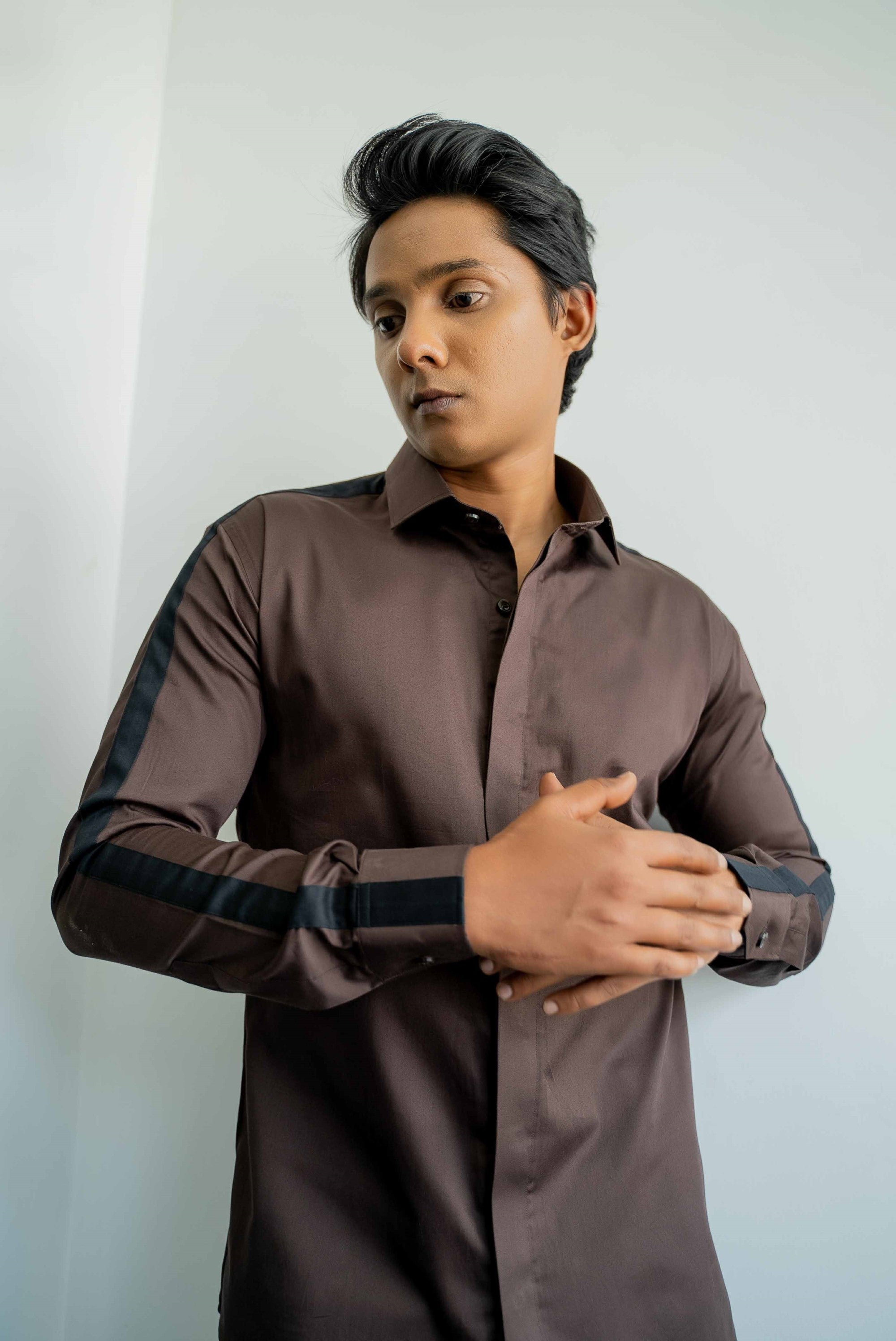 Men's Brown & Black Color Sleeve Strop Shirt Full Sleeves Casual Shirt - Hilo Design