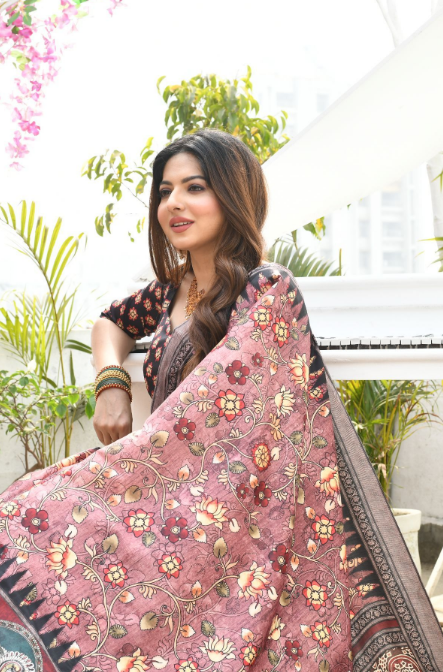Women's Pink Printed Cotton Silk Saree with Tassels - Vishnu Weaves