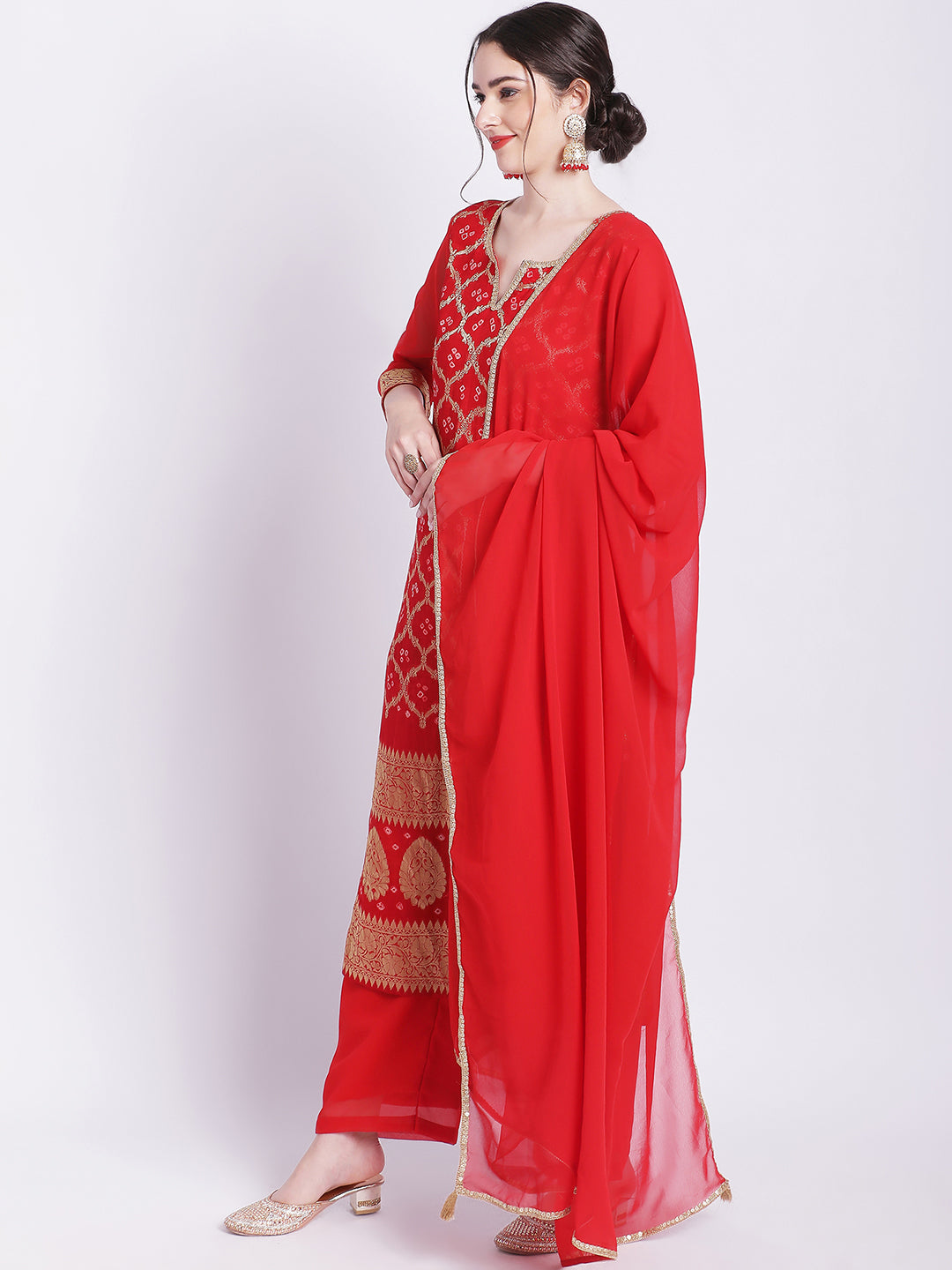 Women's Red Bandhej Bridal Kurti With Straight Palazzo Georgette Dupatta - Anokherang