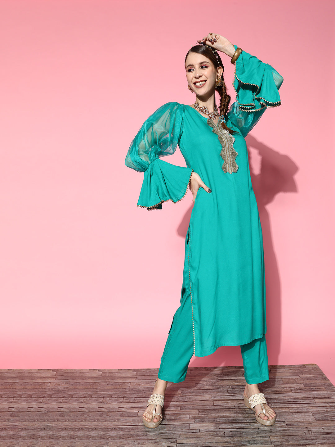 Women's Aqua Organza Sleeve Gota Work Kurta Set - InWeave