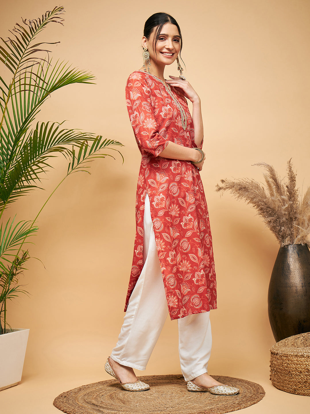 Women's RUST PAISLEY PRINT GOTA STRAIGHT KURTA - InWeave