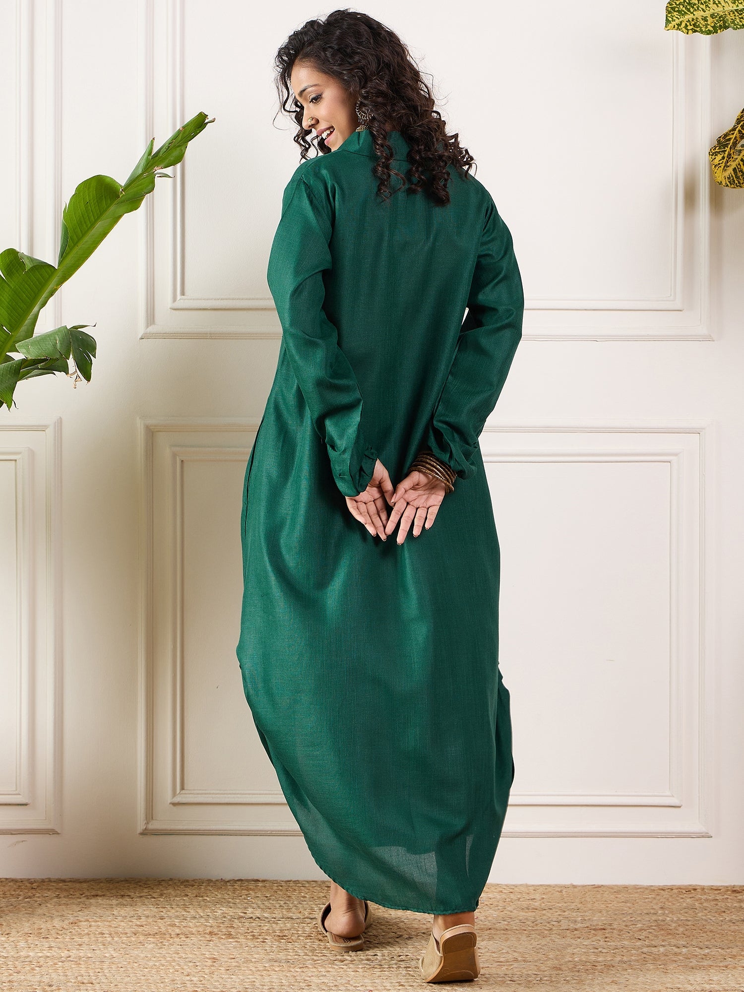 Women's Dark Green Shawl Neck Pleat Dress - InWeave