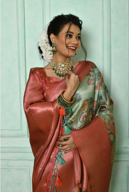 Women's Sea Green Woven Cotton Silk Saree with Tassels - Vishnu Weaves