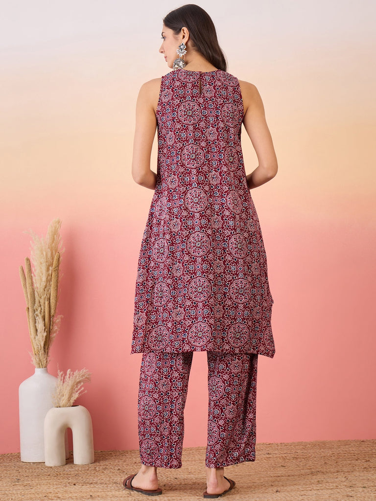 Women's Maroon Navy Ajrakh Foil Round Neck Kurta Pant Set