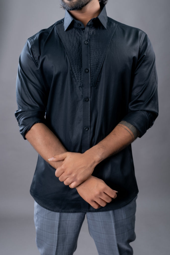 Men's Black Color V Pintuck Full Sleeves Casual Shirt