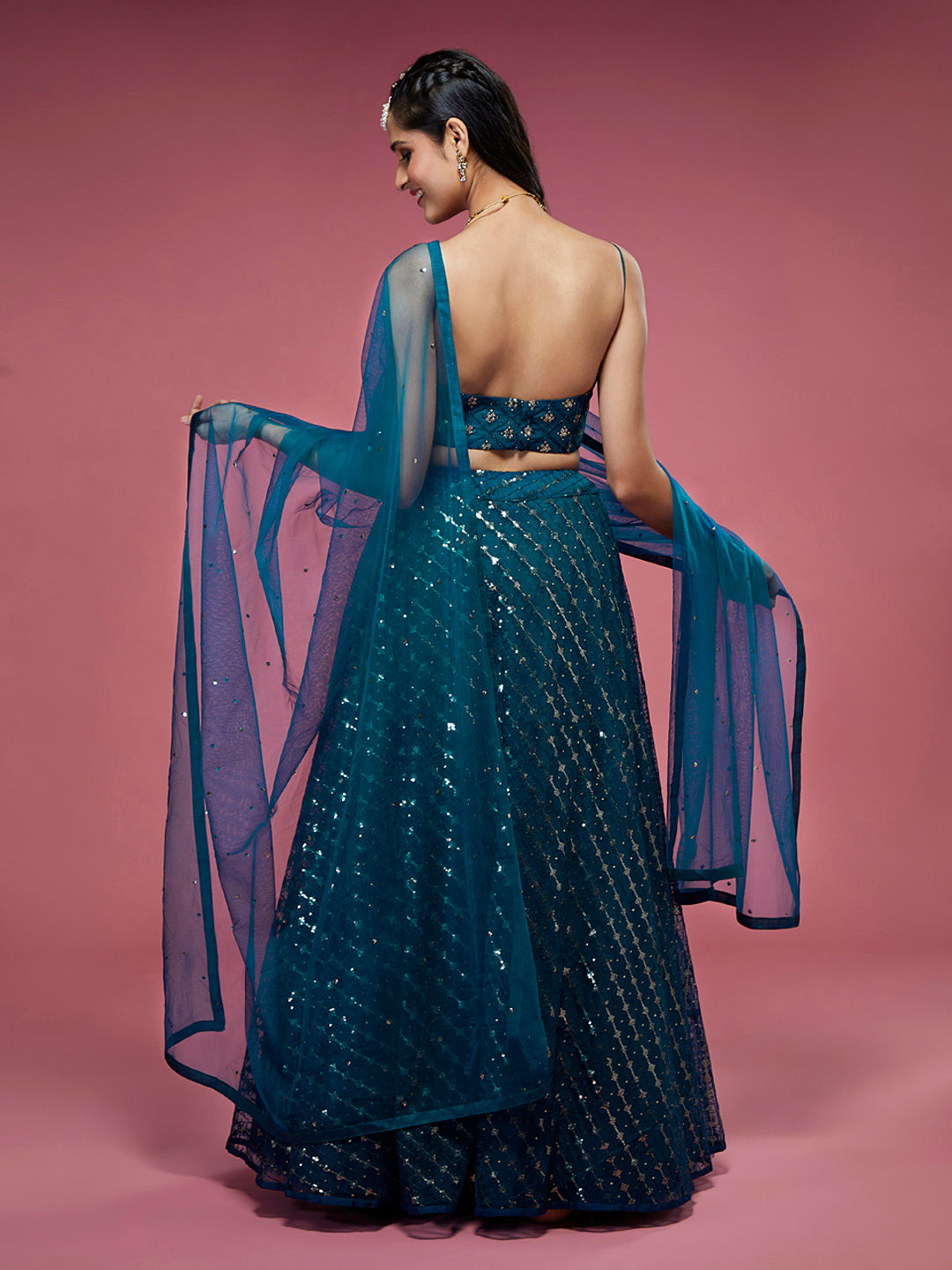 Women's Teal Net Sequinse Embroidered Ready To Wear Lehenga & Blouse With Dupatta-Royal Dwells