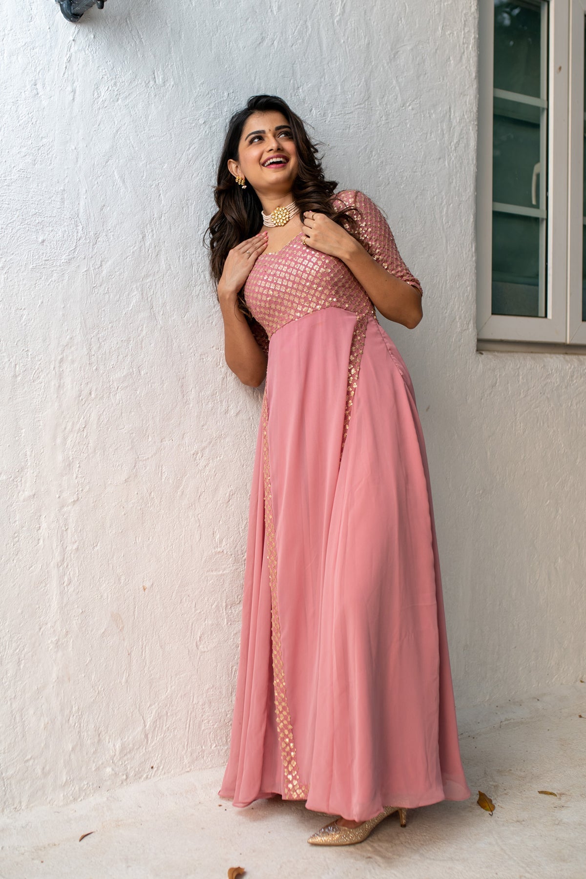 Women's Dusty Pink Sequin Pannel Long Dress - Label Shaurya Sanadhya USA