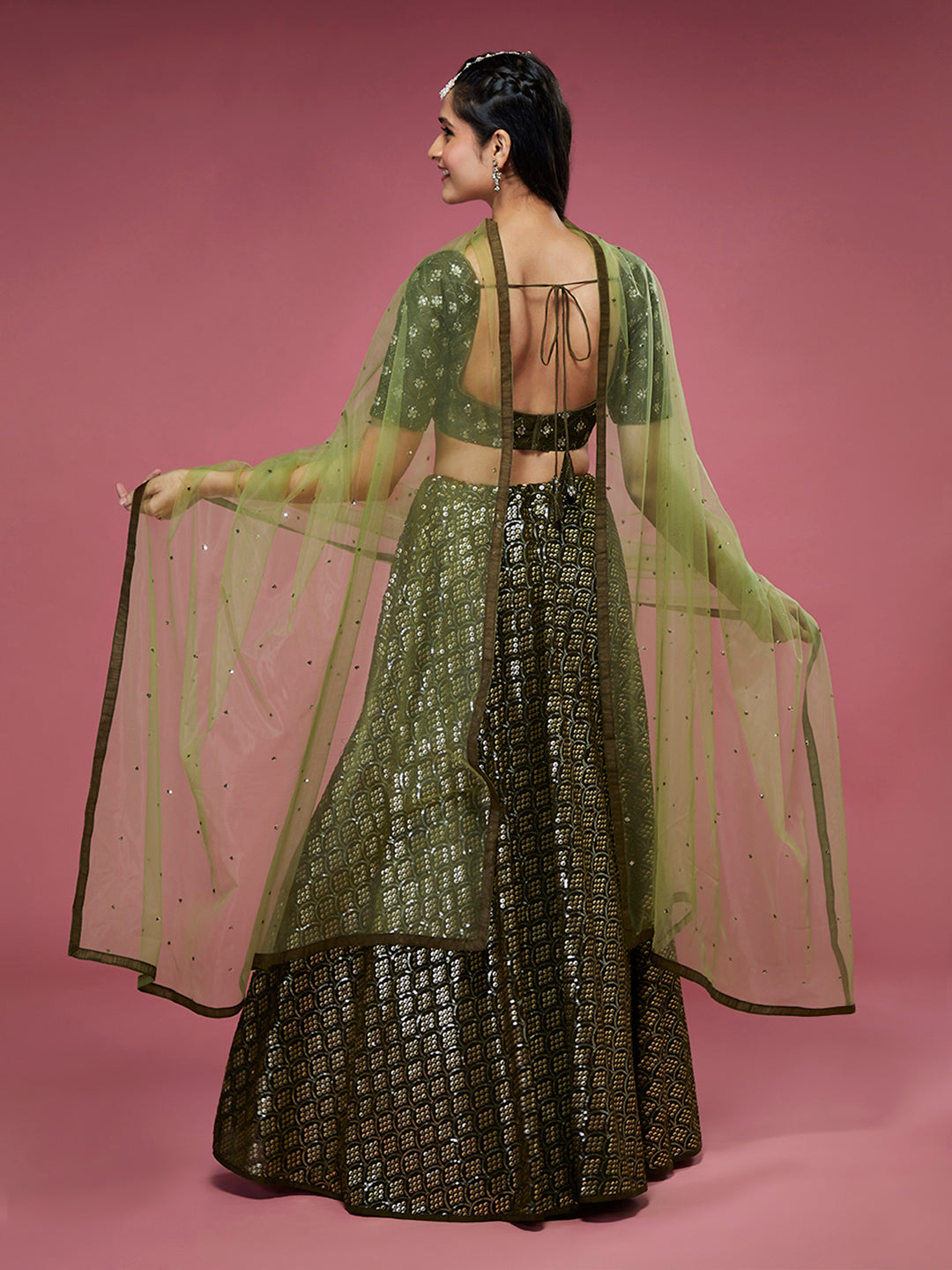 Women's Olive Georgette Sequinse Embroidered Ready To Wear Lehenga & Blouse With Dupatta-Royal Dwells