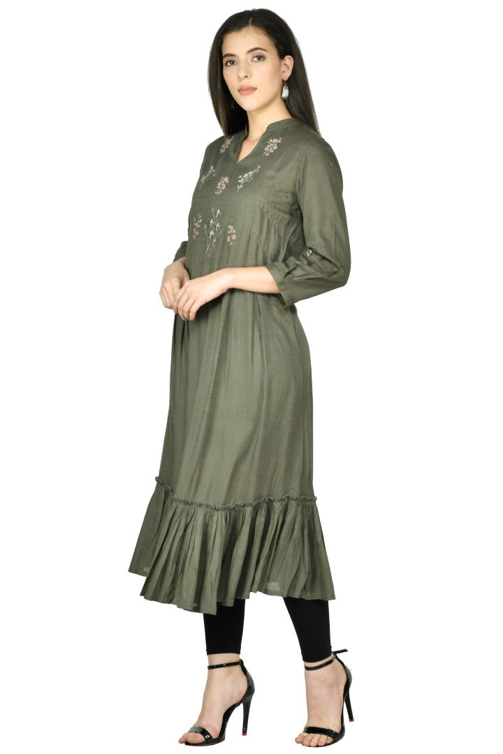 Women's Olive Cotton Rayon Embroidery Tunic - Joban Fashion