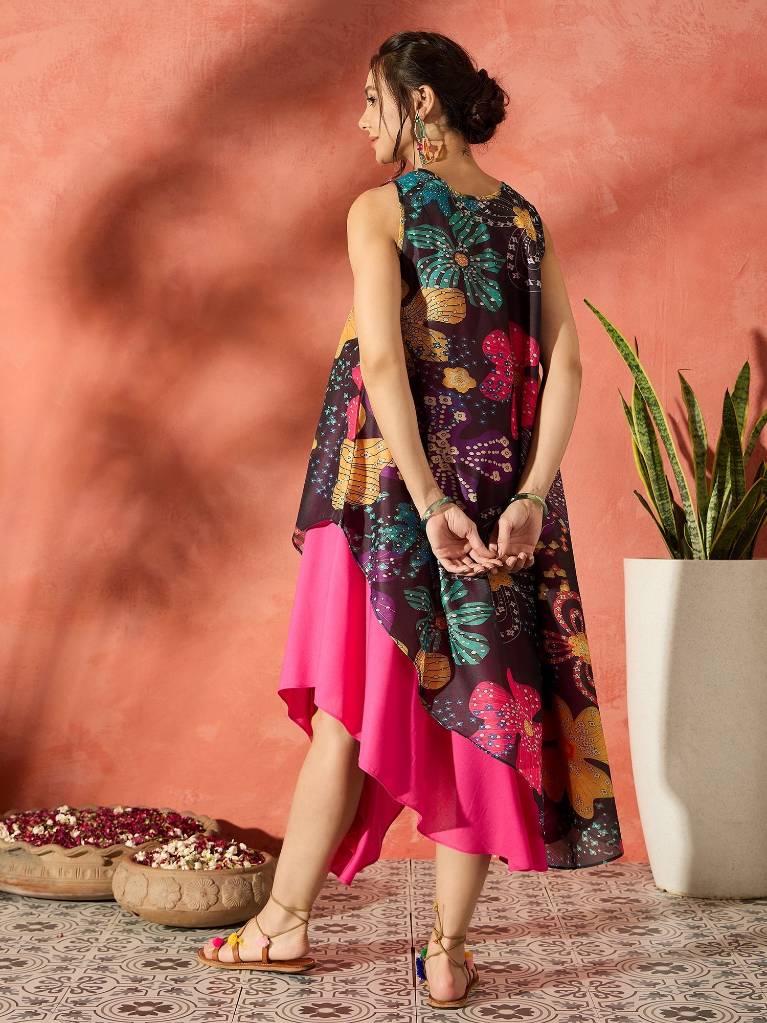 Women's Black Floral Fuchsia Asymmetrical Dress - InWeave