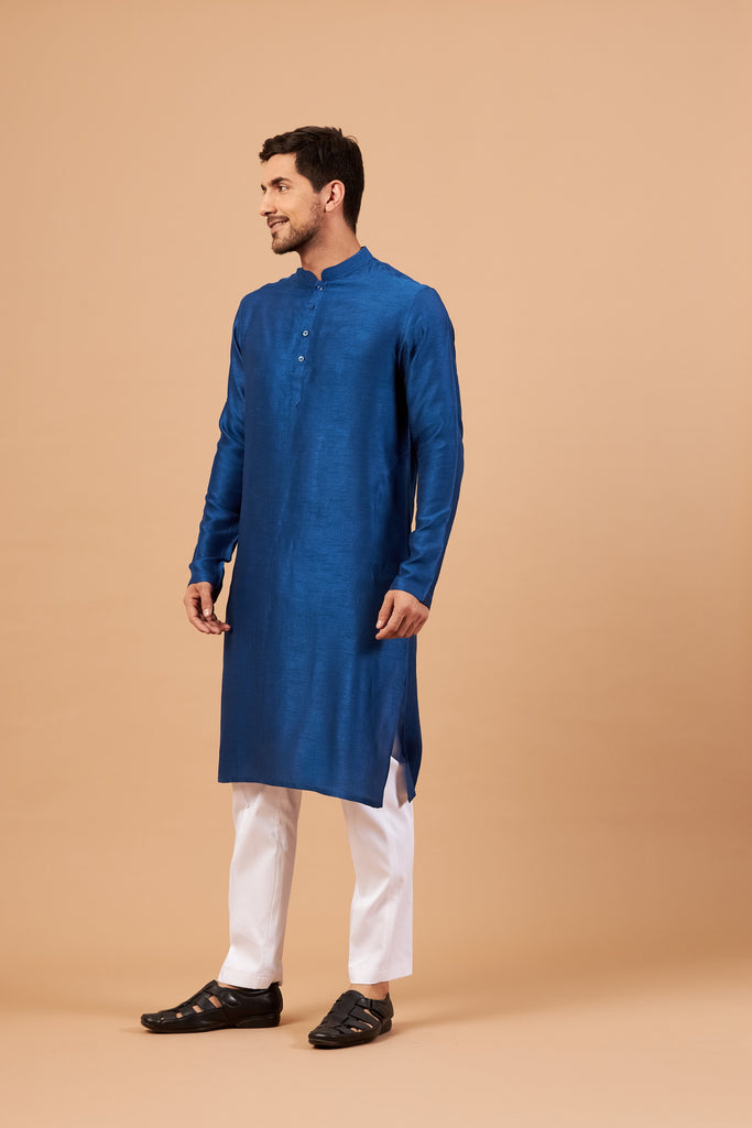Men's Blue Color Plain Kurta Falling Raw Silk