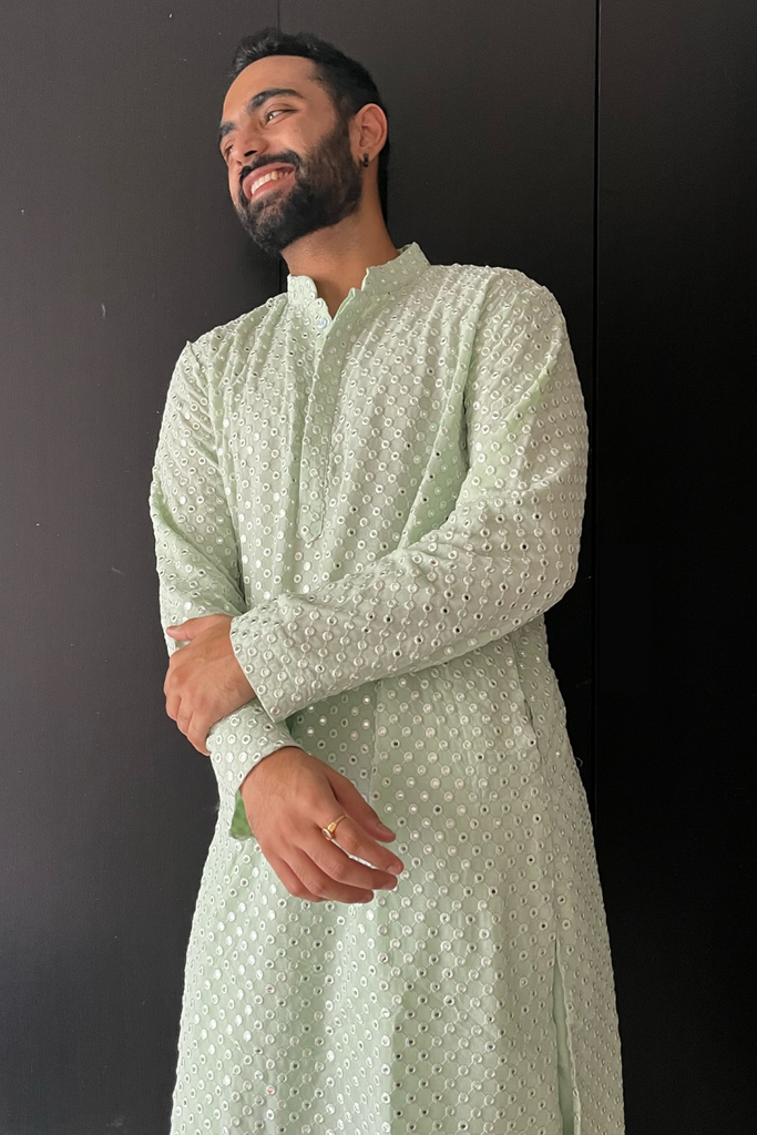 Men's Pista Green Color Pista Green Mirror Kurta