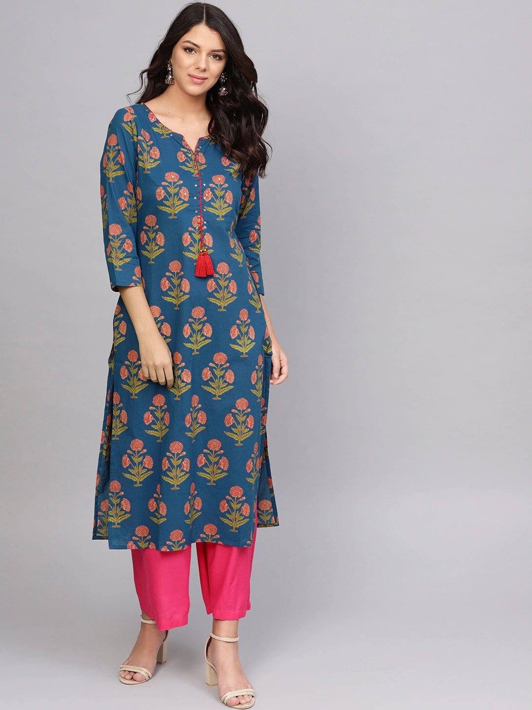 Women's Blue & Peach-Coloured Printed Straight Kurta