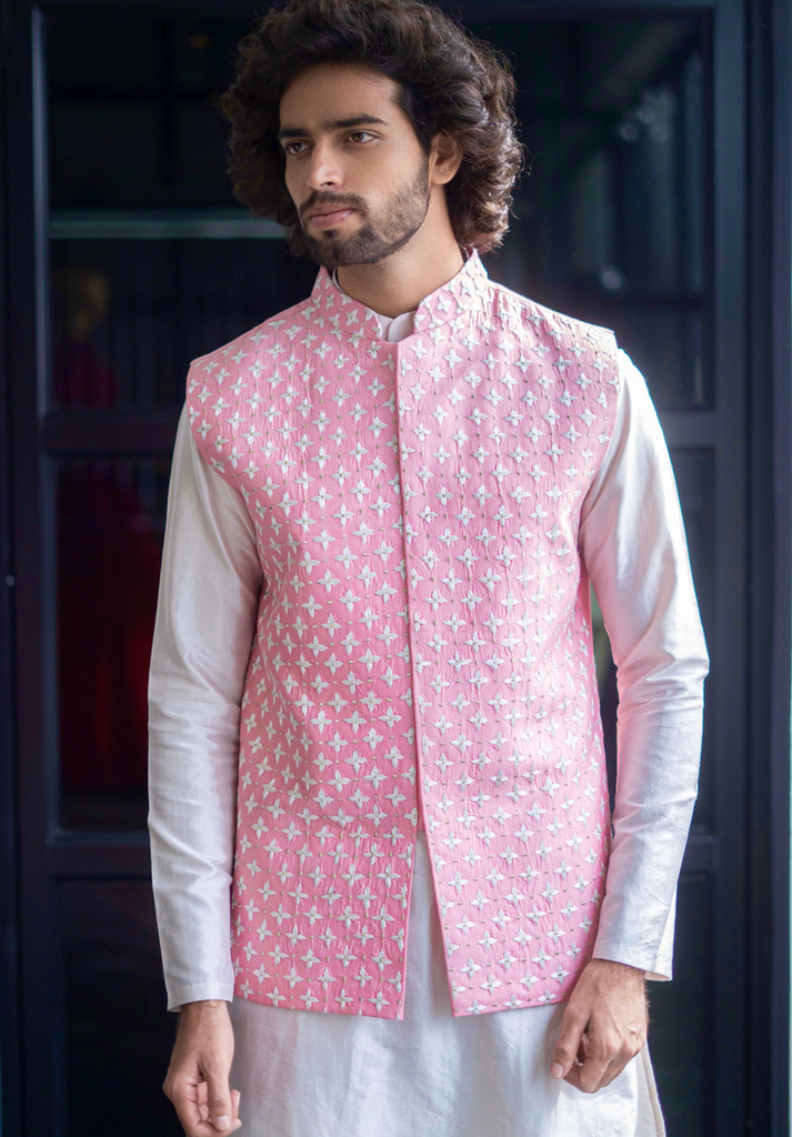 Men's Pink Color Jacket With Kurta Pant Set
