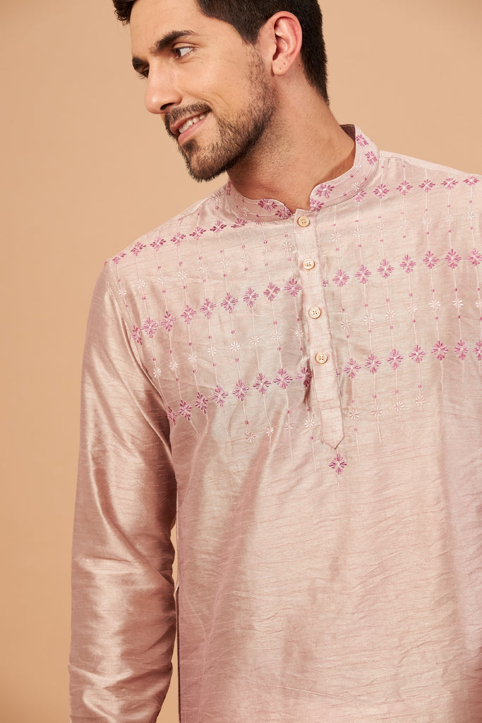 Men's Beige Brown Color Florne Floral Geometric Embroidered Kurta Semi Raw Silk Mix