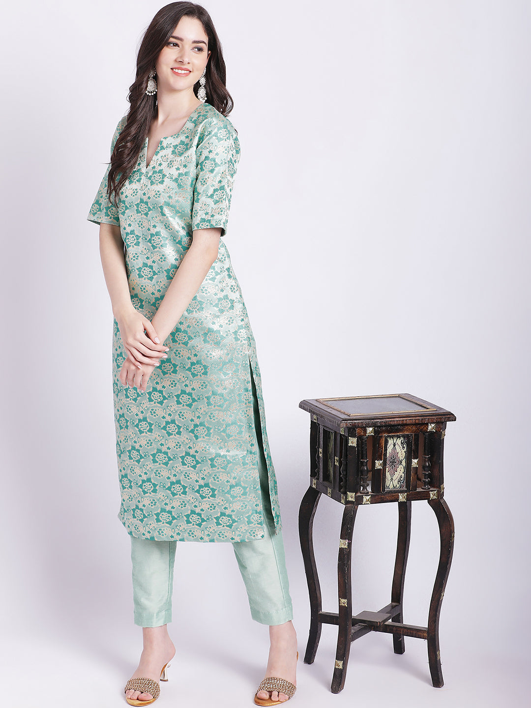 Women's Aqua Green Banarsi Straight Kurti With Pants