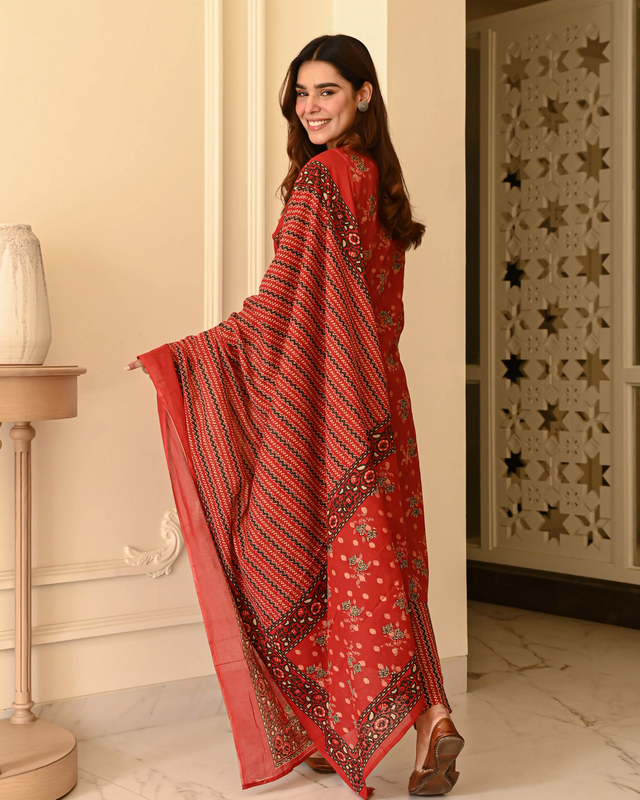 Women's Red Floral Ethnic Suit With Striped Pants & Dupatta