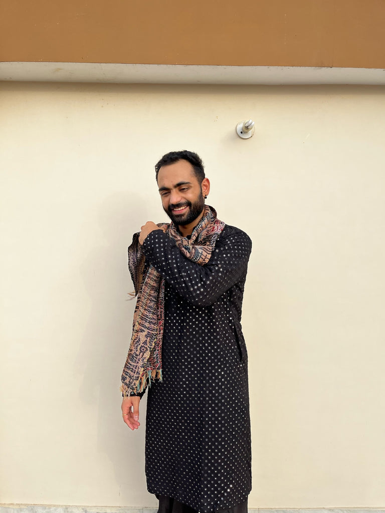 Men's Black Color Black Mirror Kurta + Patiala Pants Georgette & Santone