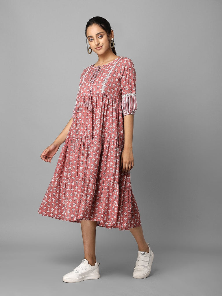 Women's Pink Floral Printed Triered A-Line Dress