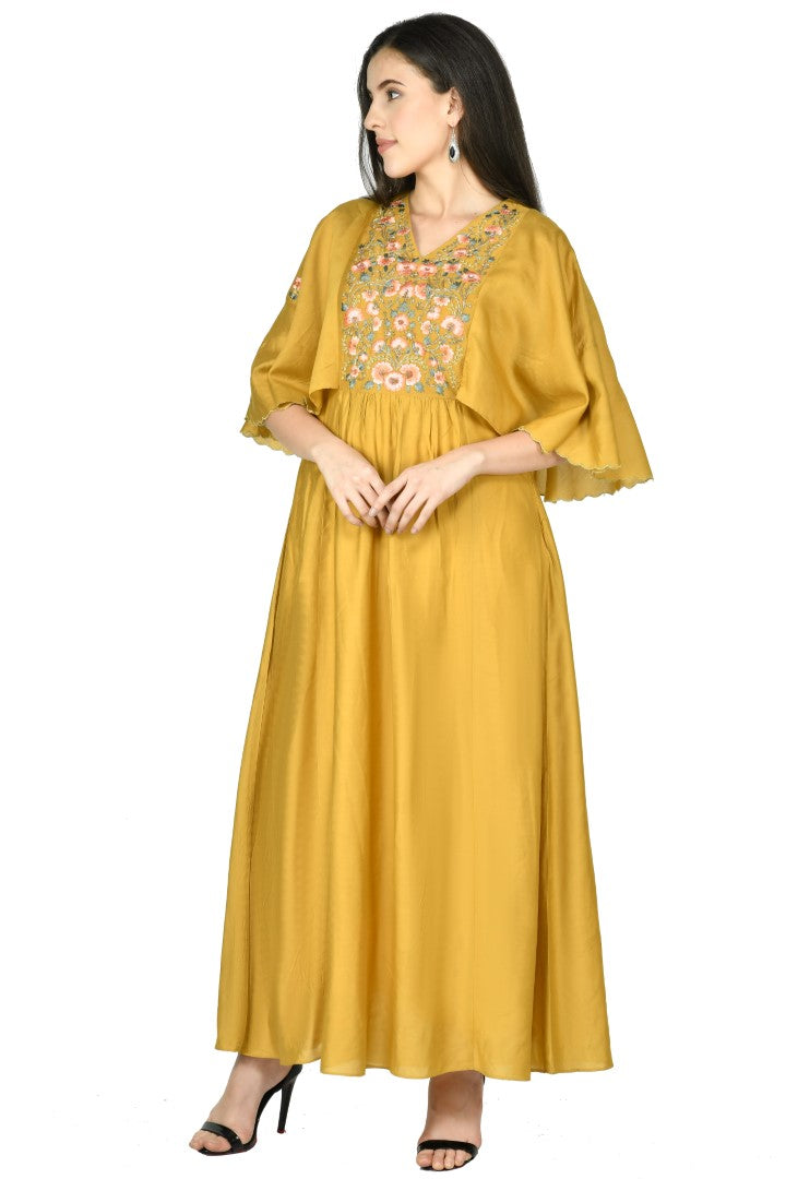 Women's Mustard Chanderi Embroidery Gown - Joban Fashion