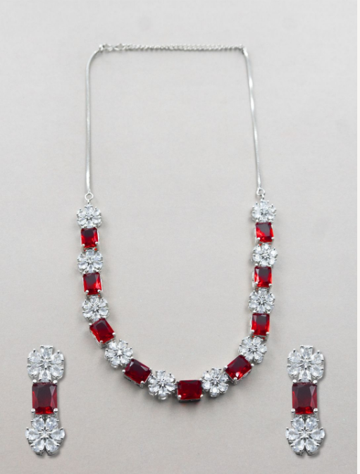 Women's Minimalist American Diamond Necklace Set with Push-Back Earrings