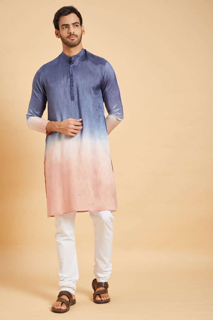 Men's Blue Color Waikawa Ombre Kurta Without Slit Silk