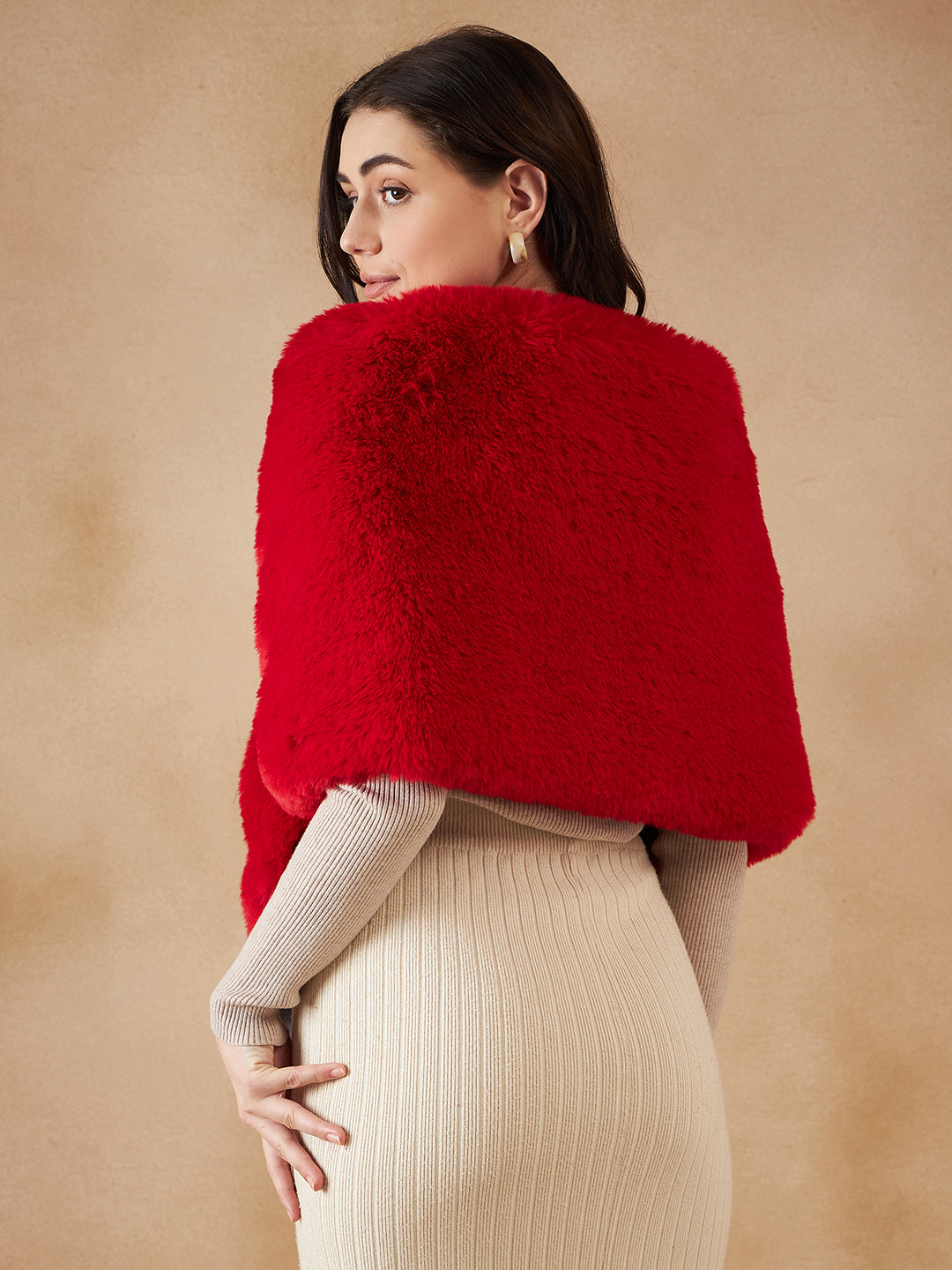 Women's Cherry Red Long Faux Fur Cape - InWeave