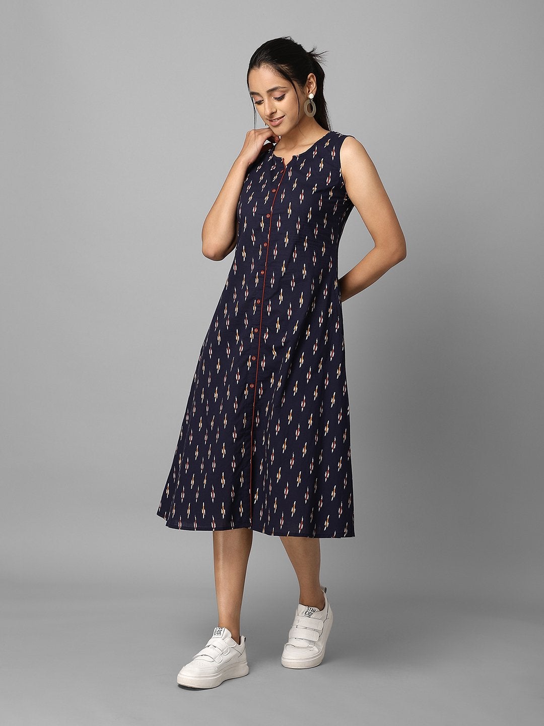 Women's Navy Blue Ikkat Printed A-Line Dress Having Pocket