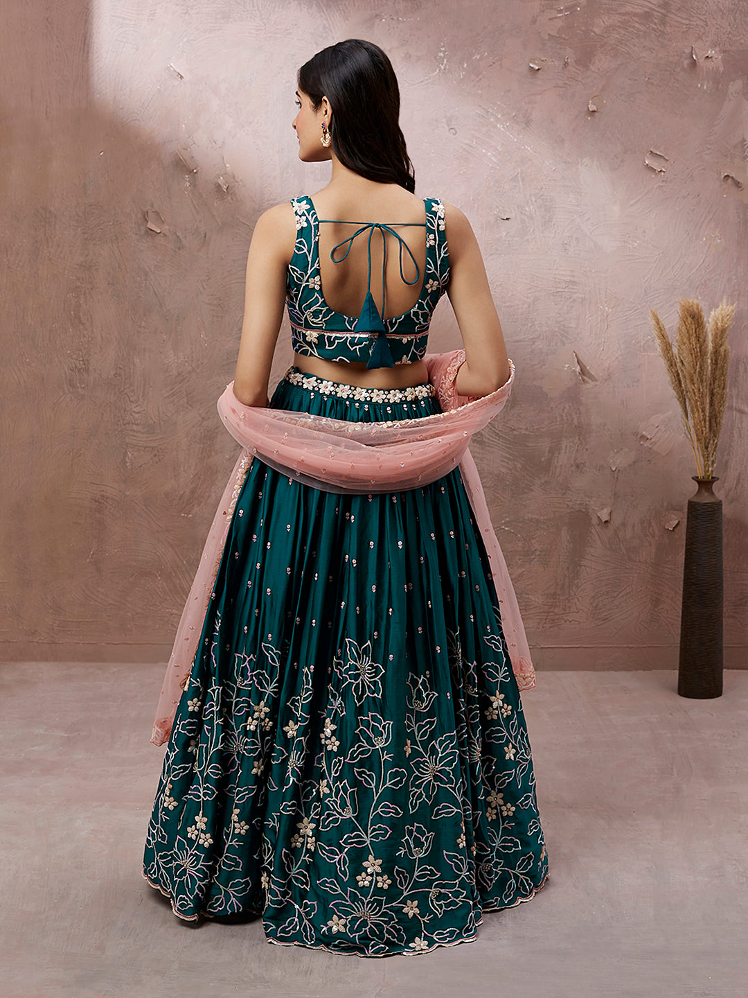 Women's Teal Georgette Sequins Embroidery Ready To Wear  Lehenga Choli & Dupatta - Royal Dwells