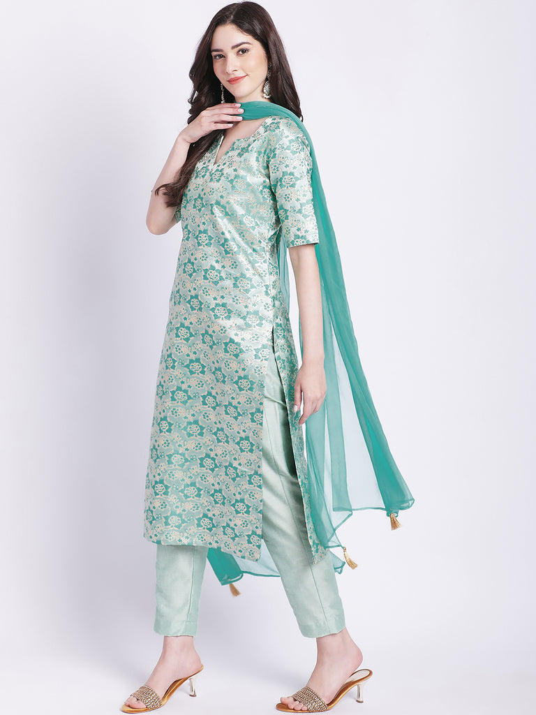 Women's Aqua Green Banarsi Straight Kurti With Pants And Chiffon Dupatta