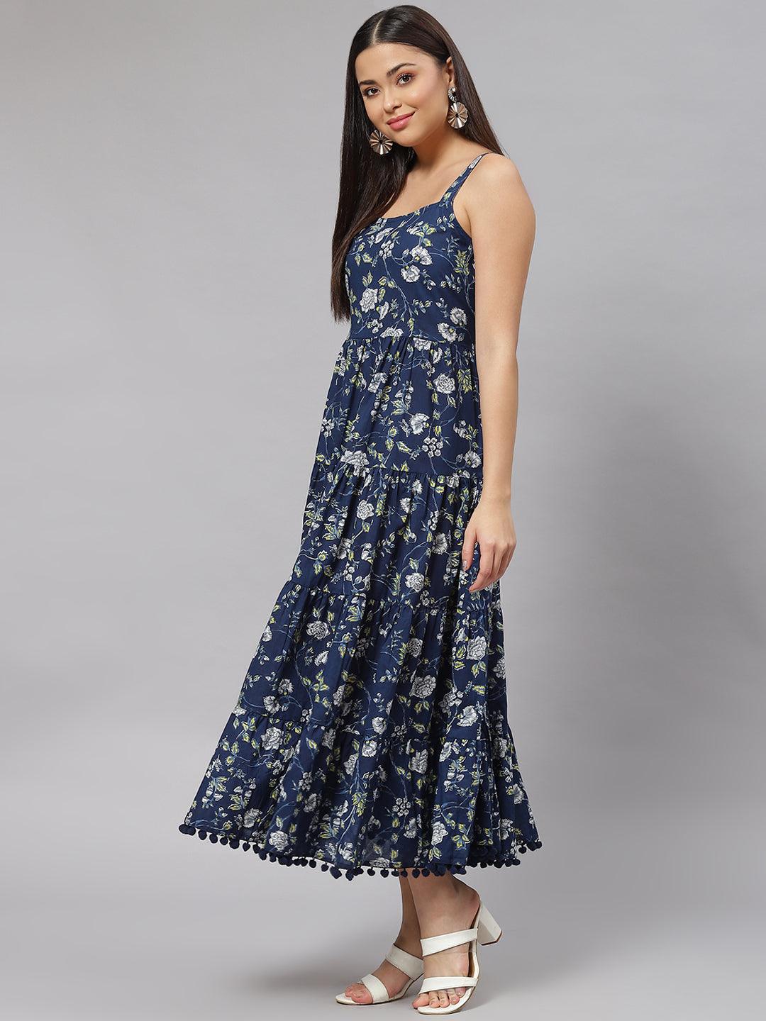 Women's Blue Floral Shoulder Strip Long Dress - Taantav