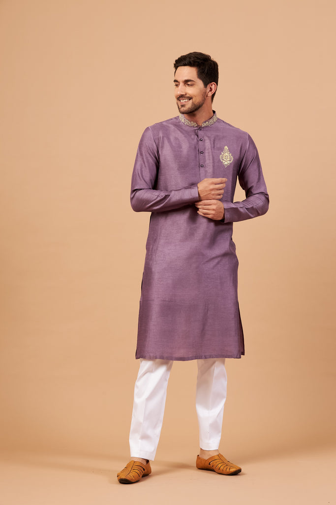 Men's Purple Color Inara Gold Embroidered Kurta Semi Raw Silk Mix