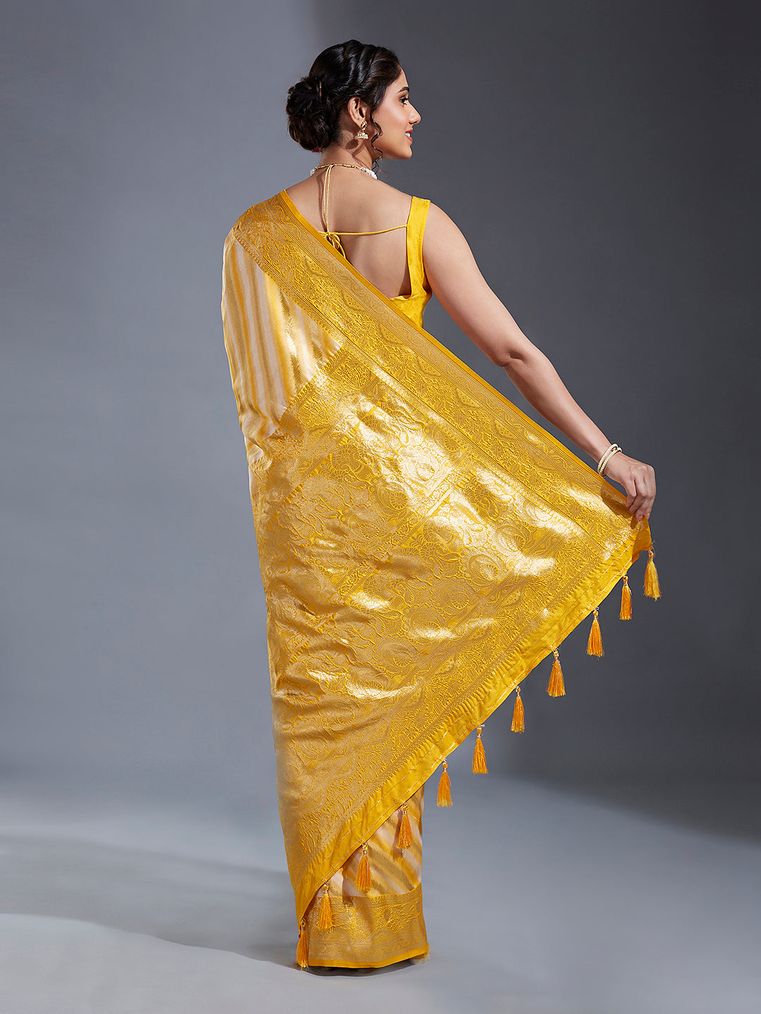 Women's Yellow & Gold Satin Paisley Zari With Beautiful Leheriya Banarasi Saree - Royal Dwells