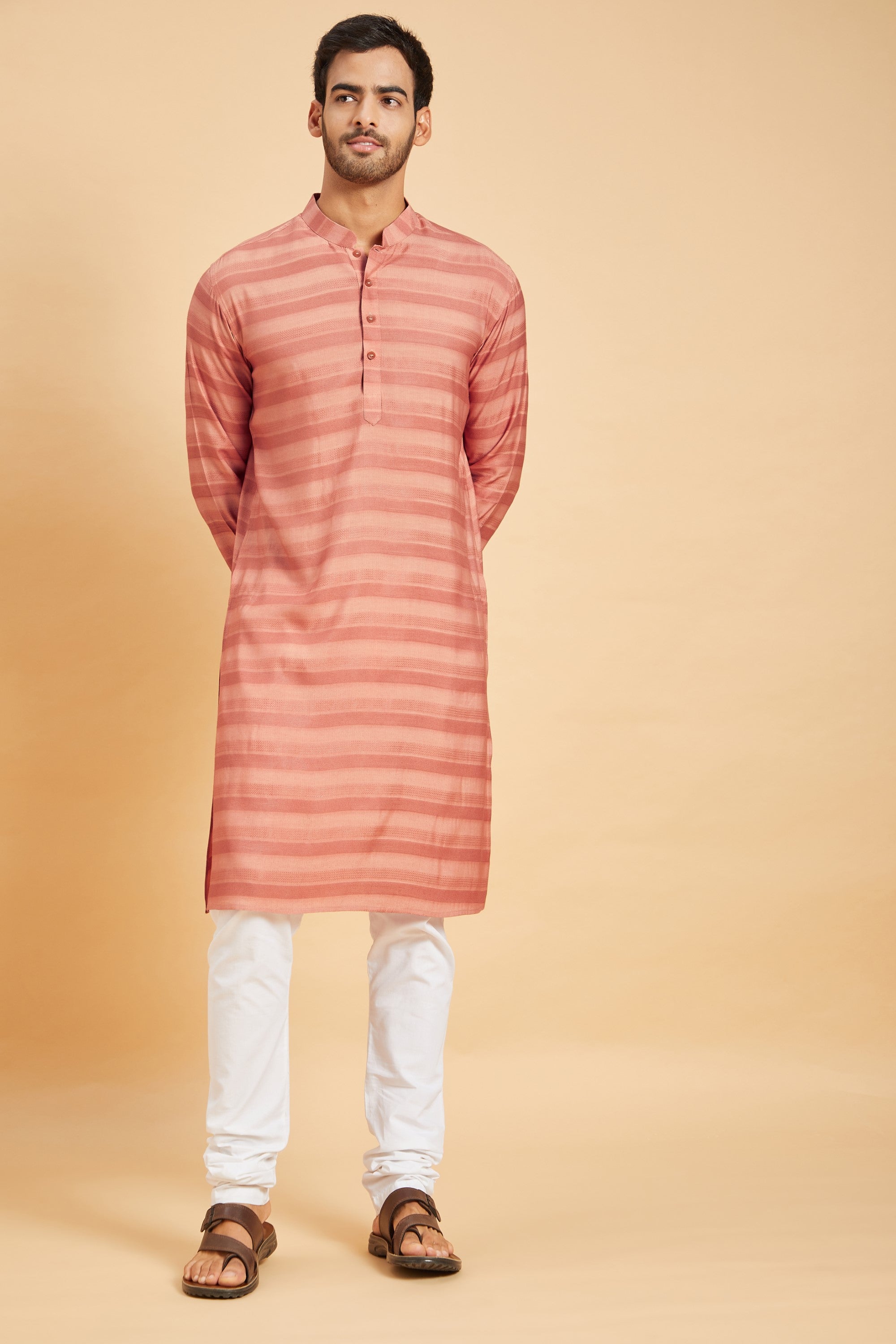 Men's Peach Color Preach Basik Kurta Jacquard - Hilo Design