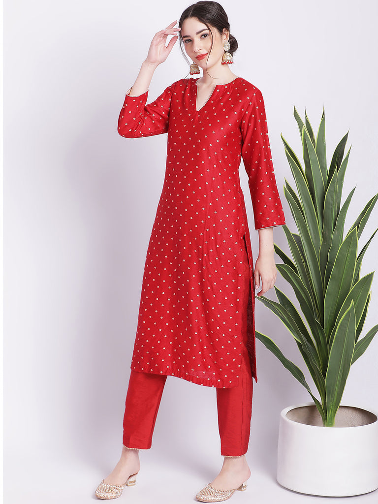 Women's Ethnic Maroon Banarasi Straight Kurti With Straight Pants