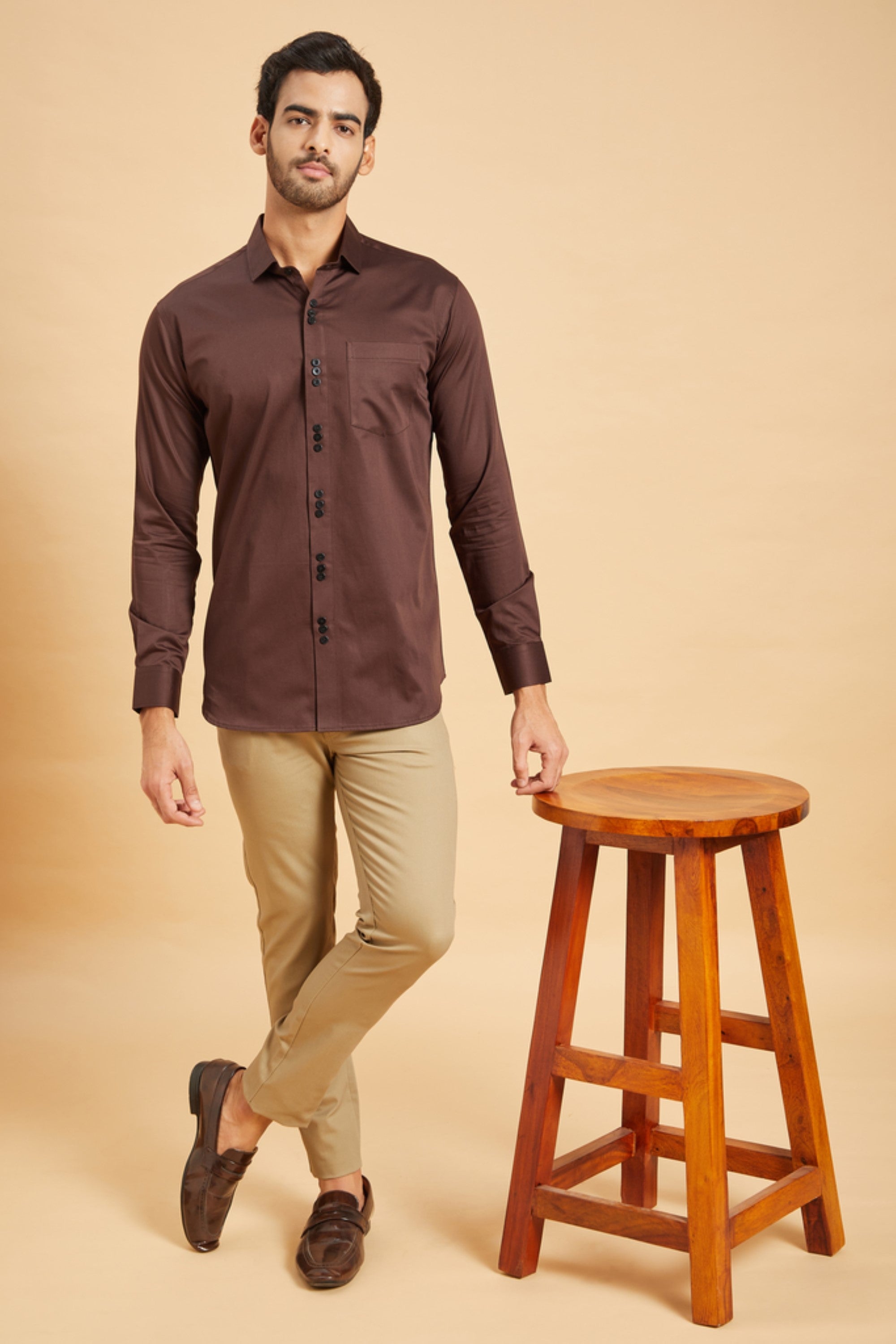 Men's Brown Color Browned Pattern Shirt Full Sleeves Casual Shirt - Hilo Design