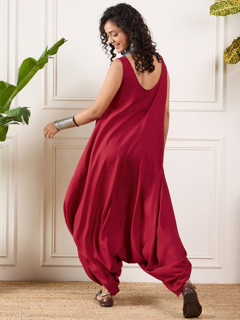Women's Maroon Round Sleeveless Jumpsuit