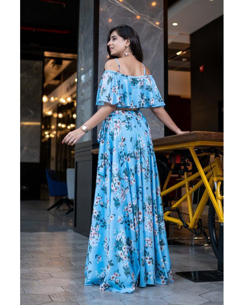 Women's Light Blue Floral Affair Ruffle Top With Skirt - Label Shaurya Sanadhya USA