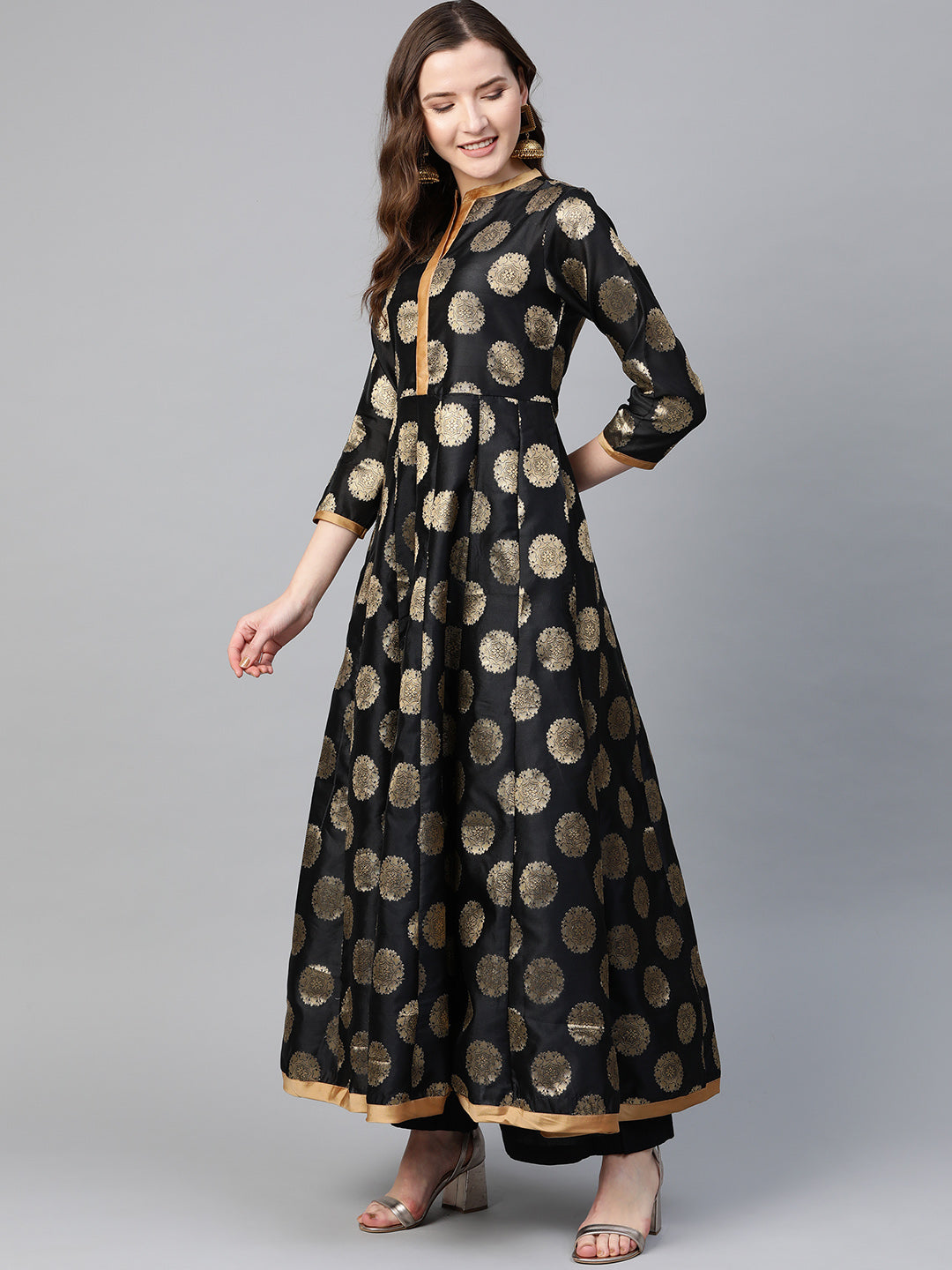 Women's  Black And Golden Ethnic Motifs Printed Brocade Raw Silk Anarkali Kurta - Bhama Couture