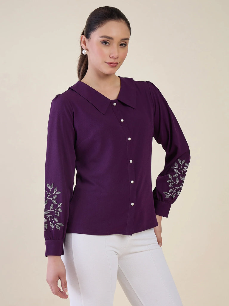 Women's Purple Embroidered Peter Pan Collar Shirt