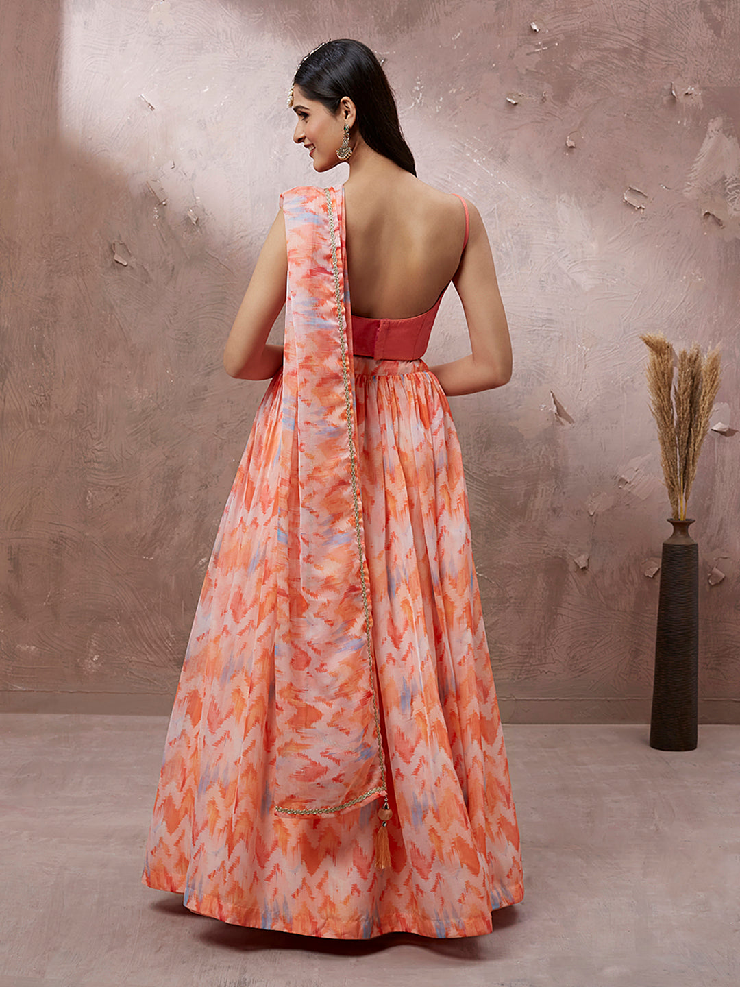 Women's Peach Organza Floral Printed Semi-Stitched Lehenga Choli & Dupatta - Royal Dwells