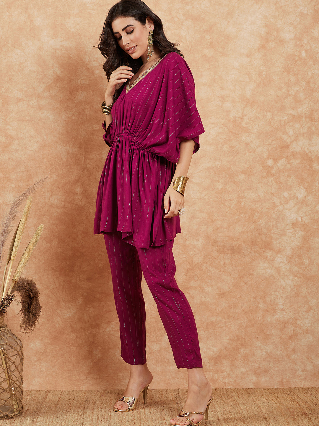 Women's Magenta Lurex V Neck Gota Kaftan Style Kurta Set - InWeave