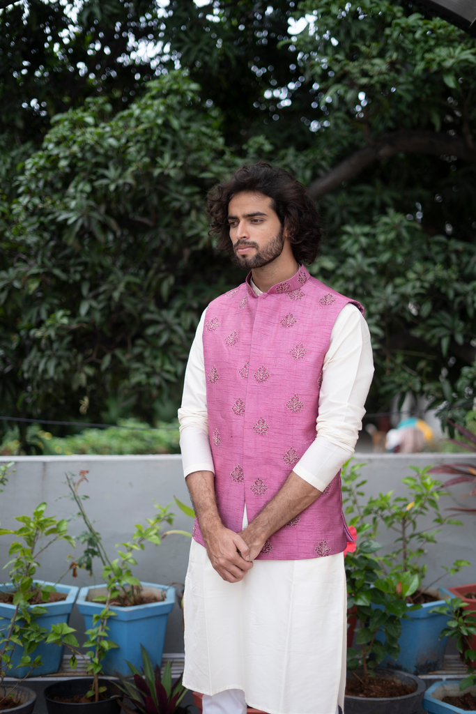 Men's Mauve Color Jacket With Kurta Pant Set