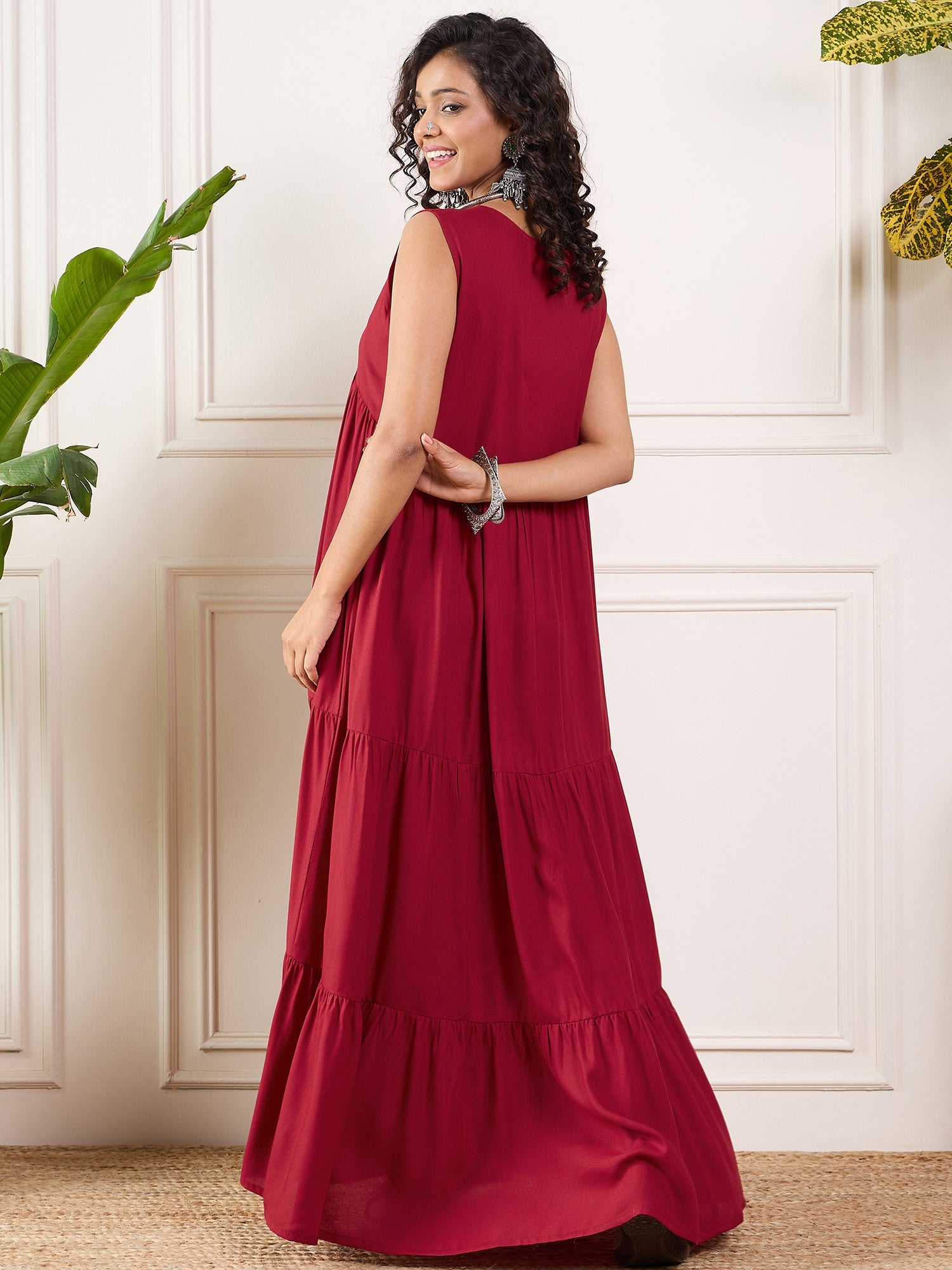 Women's Maroon V Neck Sleeveless Long Tiered Dress - InWeave